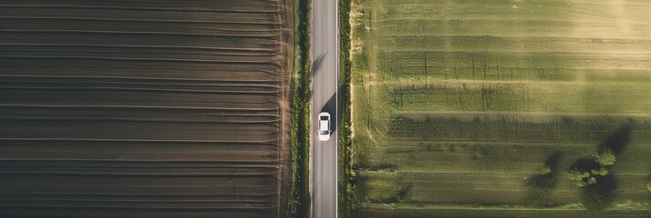 Aerial View of Car on Road Adjacent to Agricultural Field