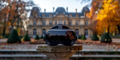 Virtual Reality Headset Overlooking Autumn Château Garden