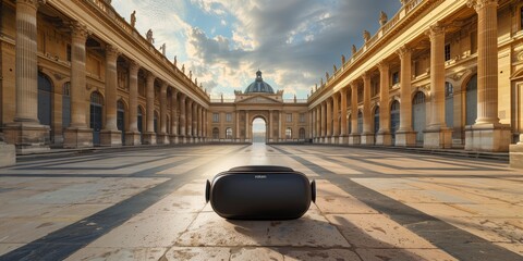 Virtual Reality Headset in Sunlit Palace Courtyard