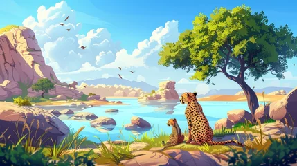 Fototapeten Modern cartoon illustration depicting an African leopard pride on a savannah landscape. There is a lake in the desert, a lush green forest and grasses, stones on the horizon, and a blue sky in the © Mark