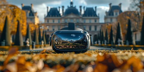 Virtual Reality Headset on Autumn Leaves with Palace Background
