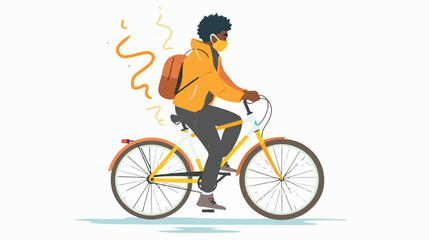 Afro American young man in the face mask on bicycle 