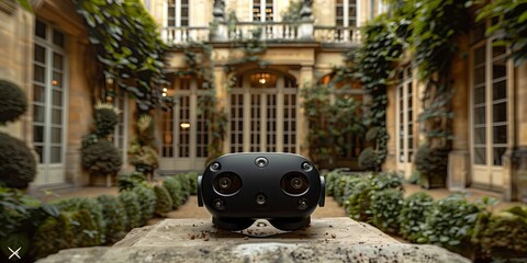 Virtual Reality Headset in Elegant Courtyard Garden