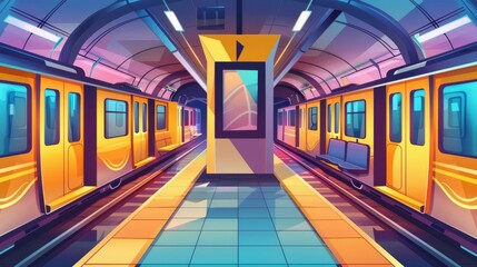 The interior of the tunnel with the passenger machine express arrival track. A screen and bench inside the tunnel. Illustration of the underground city metro railway. Cartoon background on public