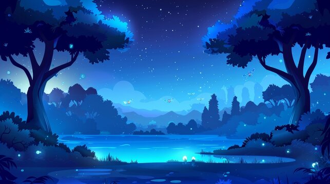 The night forest landscape depicts a fantasy lake with a firefly cartoon illustration. A game wood scene with a mystery park environment with green glowworm lights. A blue misty wonderland at