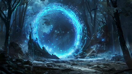 Landscape background of fantasy game with a magic portal. Aliens on an alien planet with a blue lightning gate leading to a cosmic nightmare universe. - obrazy, fototapety, plakaty