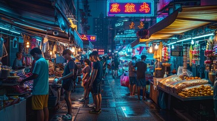 A bustling night market illuminated by neon lights with vendors selling colorful goods, surrounded by a group of people