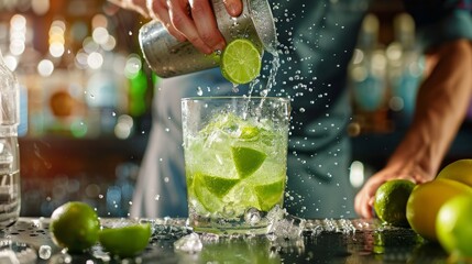 A person pouring a lime into a glass to prepare a tangy cocktail, captured during the process of making a refreshing drink like a margarita or mojito