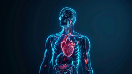 Cardiovascular system in skeleton of a healthy body on a black glowing background as medical health care symbol.