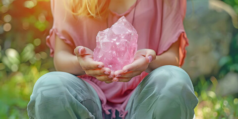 This huge Rose Quartz Crystal is my absolute favourite - young female with cupped hands holding a large beautiful pink Rose Quartz specimen sitting outside in nature ideal fore a crystal healing theme