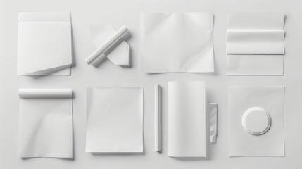 An assortment of blank white papers on a white background, each shot separately.