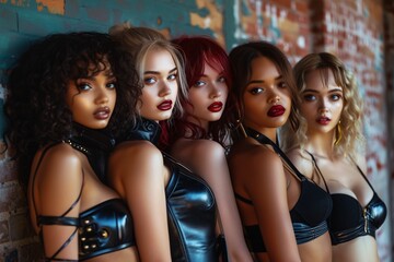Fototapeta premium Five diverse anime-styled female characters posing with attitude in a gritty urban setting