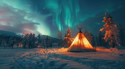 A teepee glows in the night under the aurora borealis.