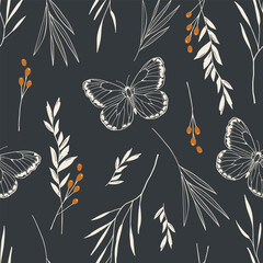 Seamless pattern with hand-drawn leaves, flowers and butterflies. Vector illustration in boho style.