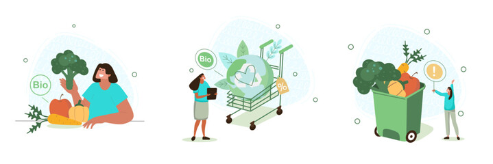 A set of vector illustrations on the theme of ecology and environmental protection on a white background. Flat illustrations with people who care about the planet.