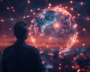 Fototapeta na wymiar A visionary philanthropist gazes at a glowing globe of connected crypto networks