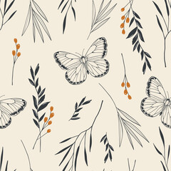 Seamless pattern with hand-drawn leaves, flowers and butterflies. Vector illustration in boho style.