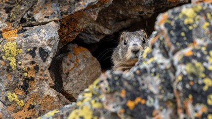 Marmot coming out of its hiding place hidden in the rocks AI generated - obrazy, fototapety, plakaty
