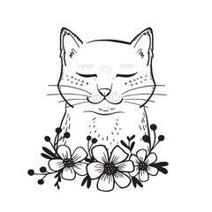 Cute hand drawn cat with flowers. Vector illustration in doodle style.