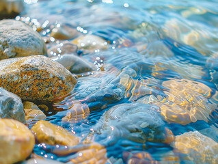 The water is calm and clear, with a few rocks scattered throughout