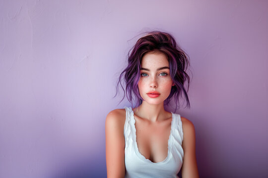 Junge Frau mit Peekaboo Highlight Haaren vor lila Wand mit Textfreiraum.
