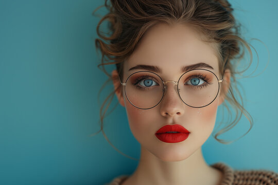 portrait of a girl with glasses and red lips on a blue background