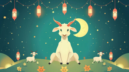 Animated Goats under Starry Night Sky with Lanterns, Cheerful animated goats with a crescent moon and hanging lanterns under a star-filled sky.
