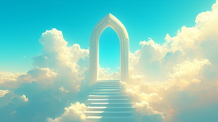 3d rendering of an arch in the clouds with stairs leading to heaven