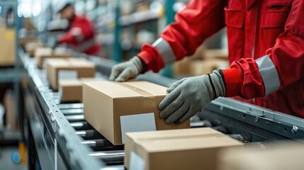 A worker wearing red protective gloves places a cardboard box on a conveyor belt. - obrazy, fototapety, plakaty