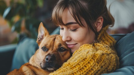 A young woman is hugging her dog on the couch.