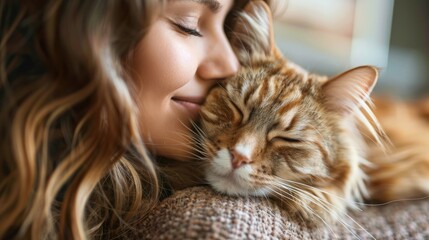 A young woman is hugging an orange cat. The woman has her eyes closed and is smiling. The cat is sleeping.