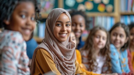 Naklejka premium A young woman wearing a brown hijab is sitting in a library and smiling at the camera.