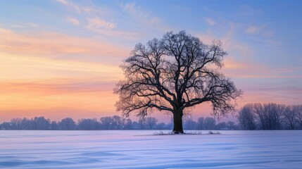 A lonely oak tree stands tall in a snowy field, creating an amazing winter panorama. The beautiful, colorful scene unfolds during the evening or morning.