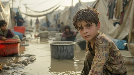 An Afghan boy sits in a flooded street of a refugee camp.
