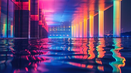 Tall buildings surrounding a vast body of water reflecting neon lights in the cityscape - Powered by Adobe