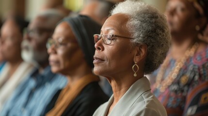 Fototapeta premium An elderly black woman sits in a pew with her eyes closed and hands folded in her lap.
