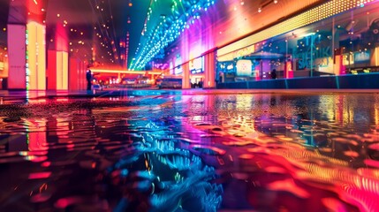A brightly lit building casts its vibrant colors onto the calm water surface, creating a...