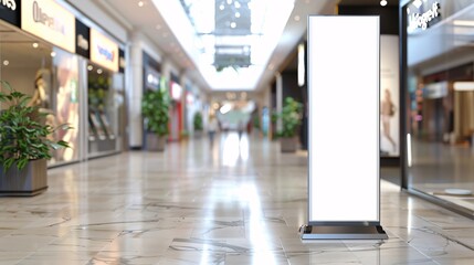 Blank vertical poster in the shopping mall. 3d rendering.