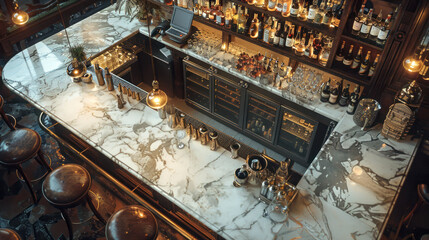 Classic restaurant, bar interior, view from above