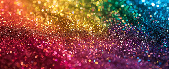 Multicolored sparkle background with bokeh effect fading from warm to cool tones. Festive banner wallpaper texture