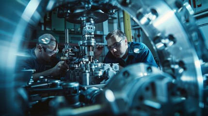 Two males working on a precision machine in a factory setting, focused and engaged in their inspection tasks
