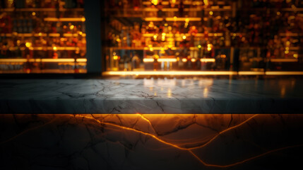 Dark marble bar counter and shelves with numerous bottles