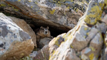 Marmot coming out of its hiding place hidden in the rocks AI generated - obrazy, fototapety, plakaty