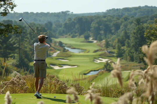 A man swinging a golf club with precision and power, teeing off on a lush green golf course