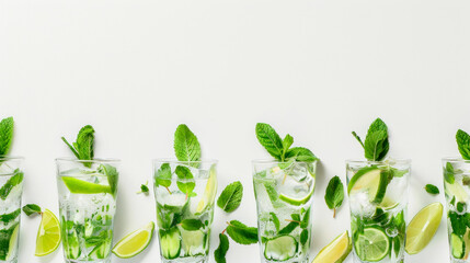Flat lay template, frame with peppermint, cocktail glasses and limes on white background