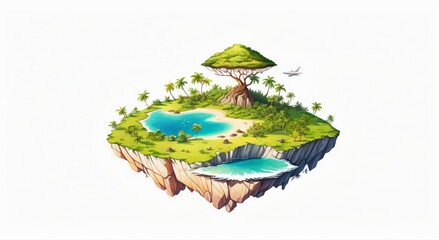 AI generated illustration of an isometric island with palm trees and a small island
