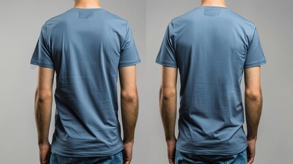An image of a man in a blue blank t-shirt, with a front and back view