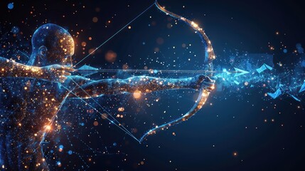 Digital close-up human hand holding a bow arrow and it is aiming at a target