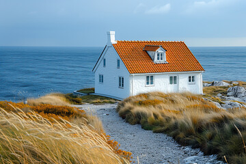 Haus zwischen Dünengras mit Blick auf das blaue Meer.