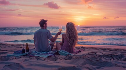 A man and a woman are sitting on a sandy beach, toasting wine glasses, with the sun setting in the background